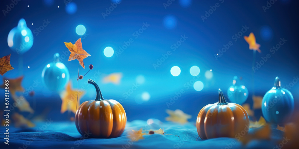 Naklejka premium Pumpkins with fall leaves against a starry blue sky