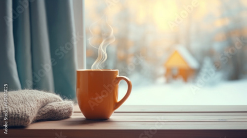 Cup of coffee and knitted sweater on the window age with winter scene outside
