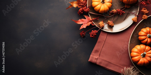 Wallpaper Mural Thanksgiving card mockup with plate, pumpkins on dark grunge table, top view Torontodigital.ca