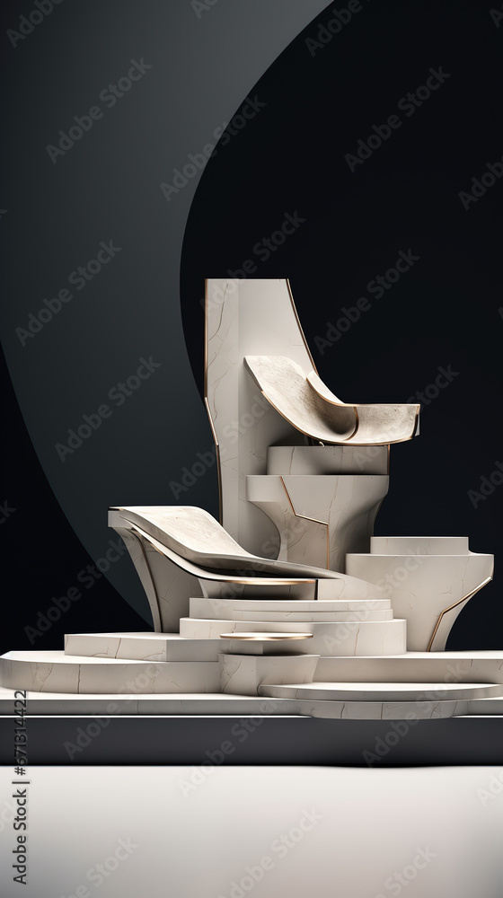 Enigmatic Surrealistic Interplay, The Grand Stage of Geometric Podiums Adorned with Flowing Ornaments in an Abstract Product of Illustrious Surrealism