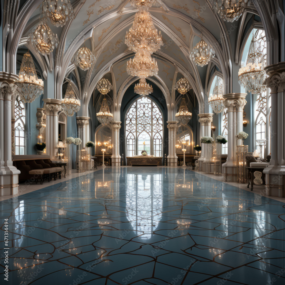 Luxurious ballroom facing a royal procession crystal
