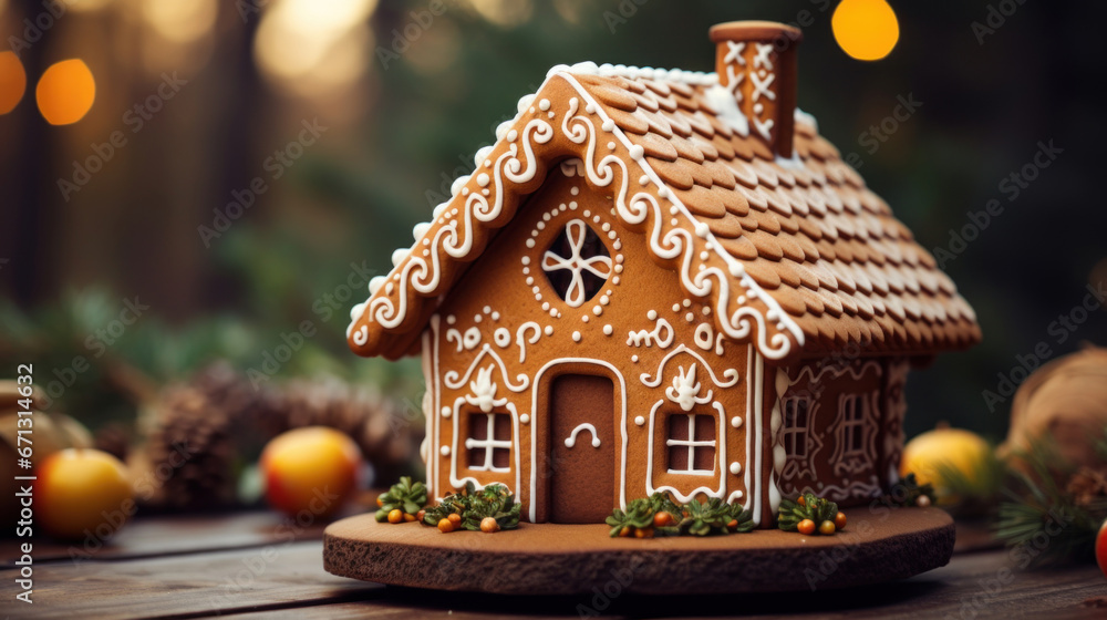 Gingerbread house on the wooden table