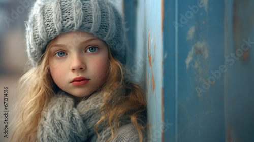 Frozen sad little girl in a sweater and a hat