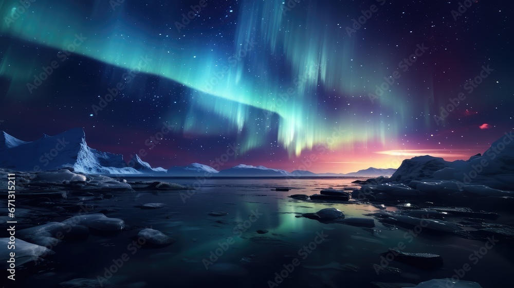 Naklejka premium winter fairytale night atmosphere. beautiful northern lights in the sky. mysterious wildlife.