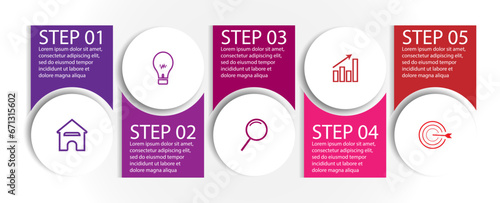 5 step infographics, simple infographic design consisting of five interrelated parts, circle design combined with squares, lines, icons and colors, good for your business presentation