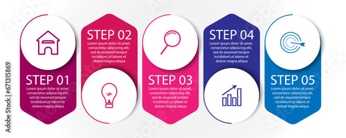 5 step infographics, simple infographic design consisting of five interrelated parts, circle design combined with squares, lines, icons and colors, good for your business presentation