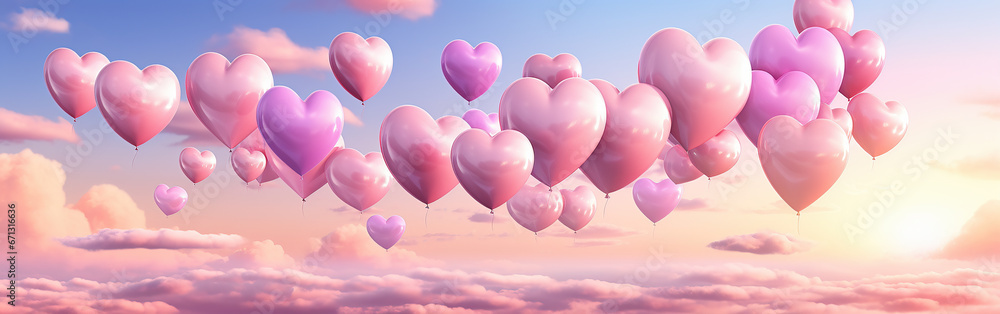 Valentine's day banner with pink heart shaped balloons in pink clouds.