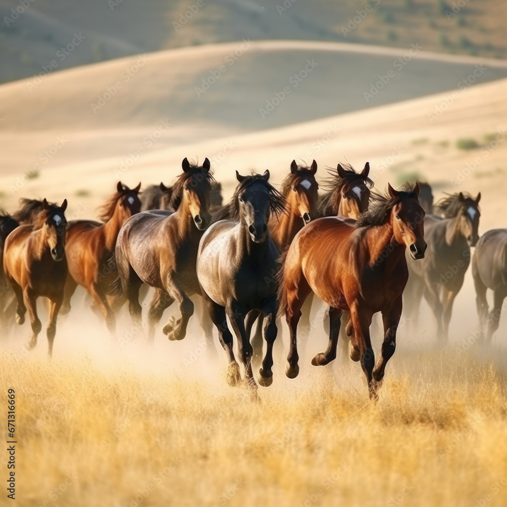 Depiction of a herd of wild horses galloping
