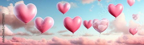 Valentine's day banner with pink heart shaped balloons in pink clouds.