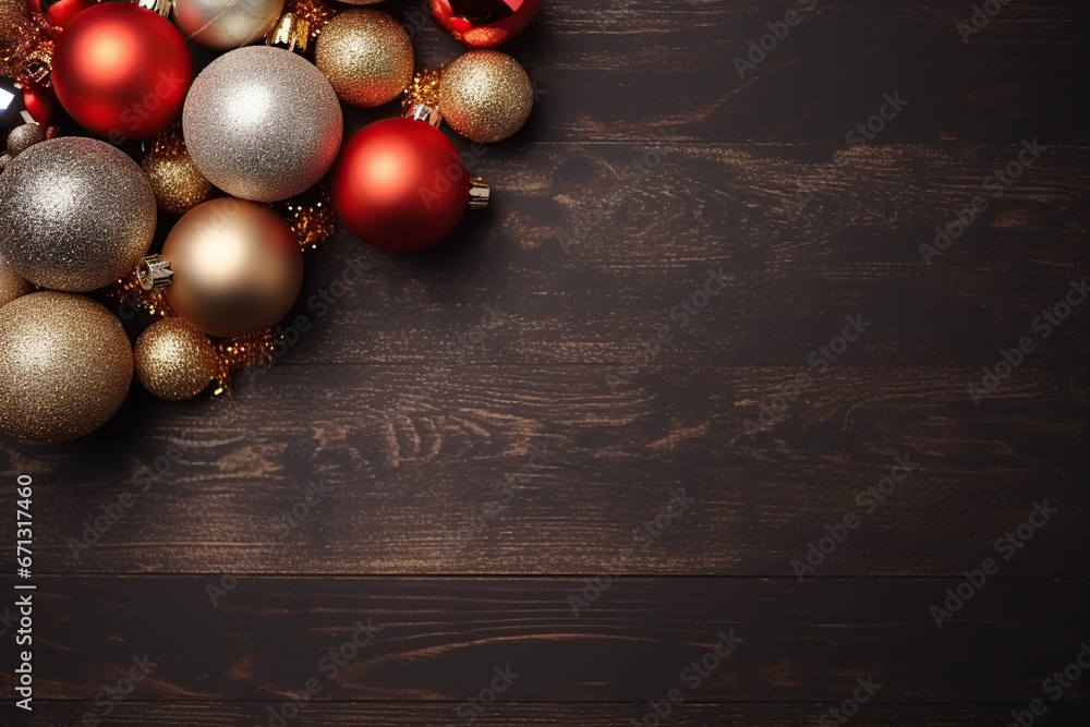 Naklejka premium Christmas baubles on a dark wooden background. Top view with copy space. 