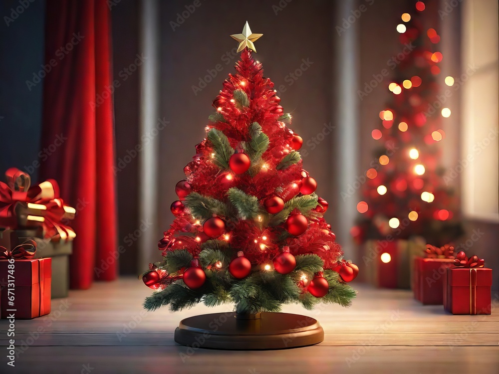 Festive Glow: Christmas Tree Lights, Red Christmas Tree on Table. Generative AI.