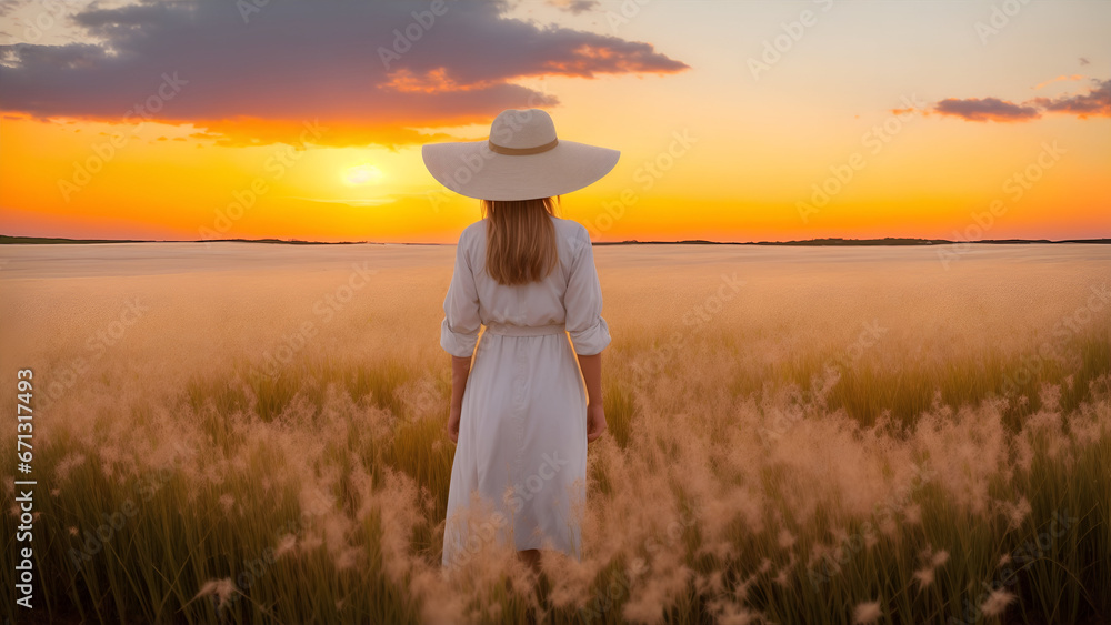 young woman standing on a grass field. wearing a white dress and straw hut. photo taken from behind her back. beautiful landscape and a vibrant skyscape.