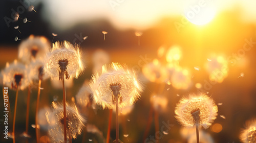 view of dandelion seeds floating at sunset  asthetic style  cinematic lighning