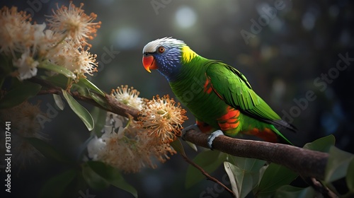 Parrot sitting on a branch with flowers in the rainforest. Generative AI.