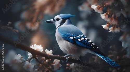 Blue jay bird sitting on a branch of a blossoming tree. Generative AI.