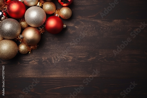 Christmas baubles on a dark wooden background. Top view with copy space. 