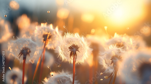 view of dandelion seeds floating at sunset, asthetic style, cinematic lighning photo