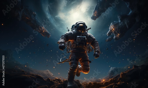 realistic galaxy astronaut floating in space with earth in the background