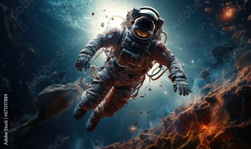 realistic galaxy astronaut floating in space with earth in the background