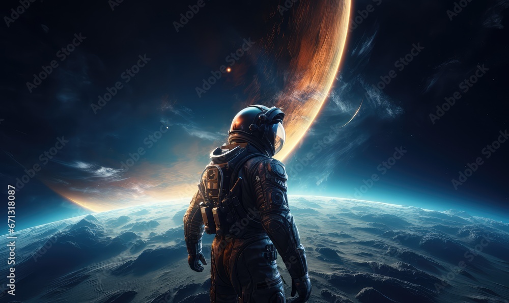 Naklejka premium realistic galaxy astronaut floating in space with earth in the background