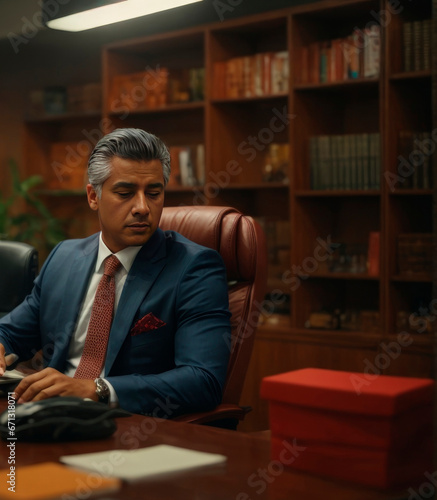 Middle-aged businessman sitting at his desk, calm and self-assured, looking to the side in his office.