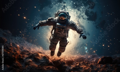 realistic galaxy astronaut floating in space with earth in the background