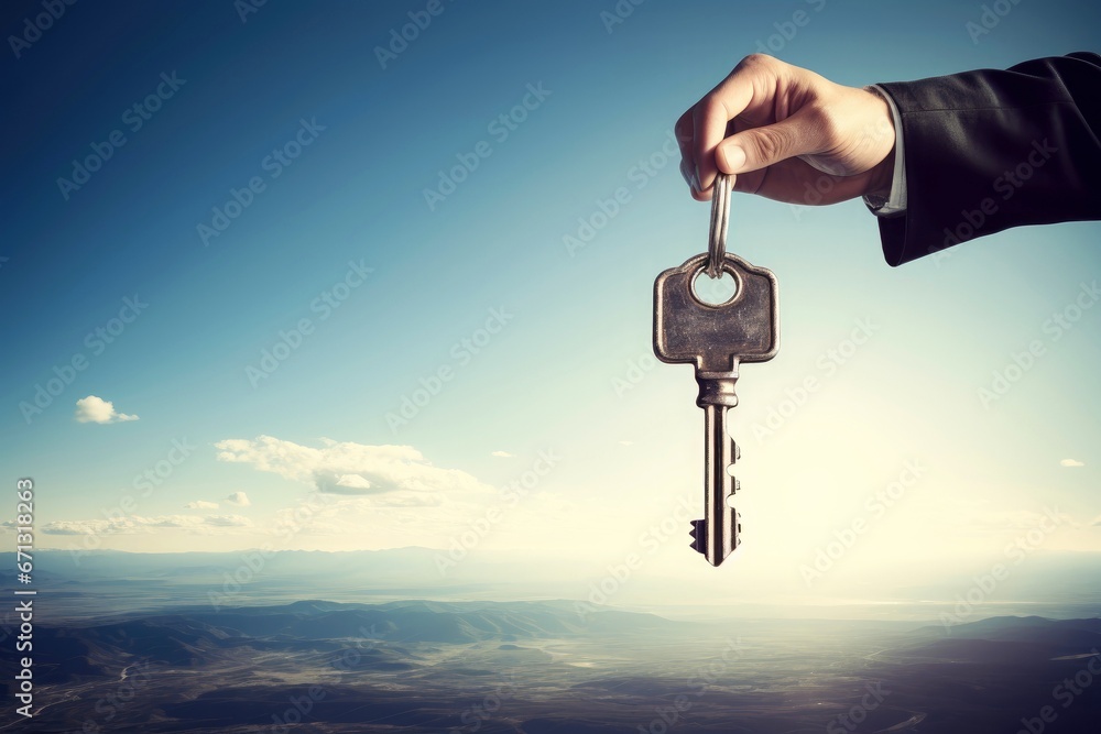 Close up business man holding a key in hand, credit or property concept Close up business man holding a key in hand, credit or property concept