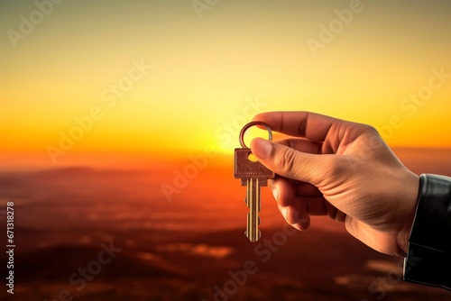 Close up business man holding a key in hand, credit or property concept