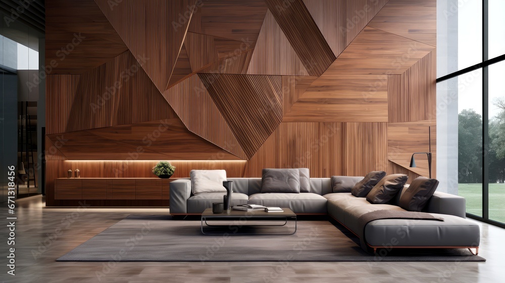 Modern living room with wooden geometric wall - obrazy, fototapety, plakaty 