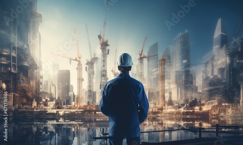 building construction engineering with exposure graphic design. Building engineers, architect people, or construction workers, cinematic light, blue and gray
