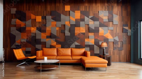 Modern living room with wooden geometric wall