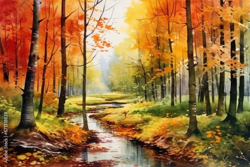 A Watercolor Painting of a Serene Autumn Landscape