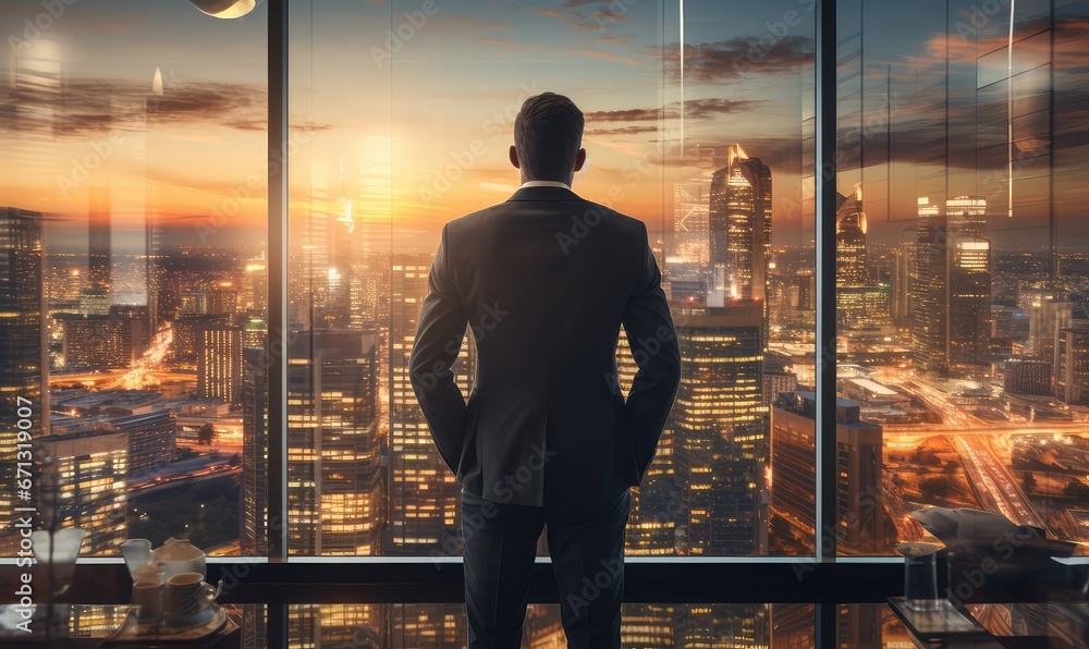 Business, The concept of modern life, The double exposure image of the business man standing back during sunrise overlay with cityscape image Business, The concept of modern life, The double exposure image of the business man standing back during sunrise overlay with cityscape image