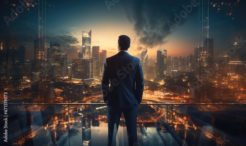 Business  The concept of modern life  The double exposure image of the business man standing back during sunrise overlay with cityscape image