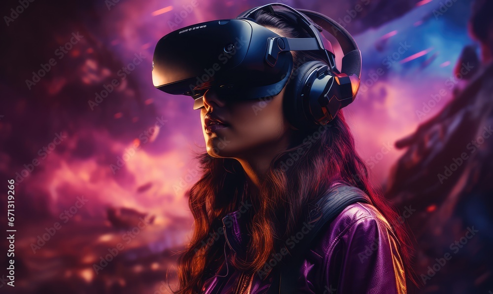 Virtual reality experience, user exploring surreal gradient world, neon-light shapes Virtual reality experience, user exploring surreal gradient world, neon-light shapes