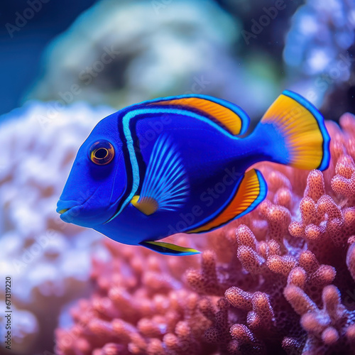 A cobalt blue tang swimming in a vibrant coral reef. 