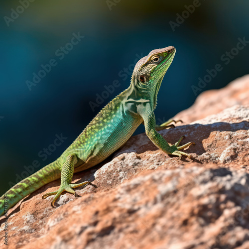 A jade green lizard basking on a sun-drenched rock. 