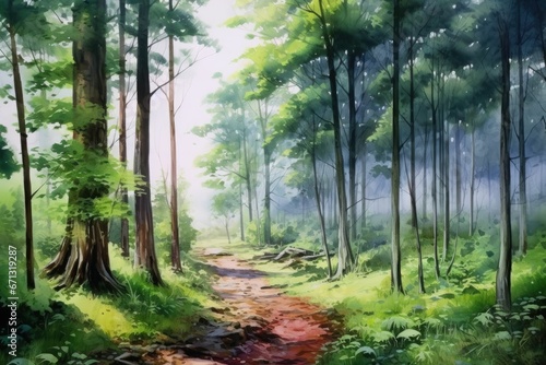 Aerial View of a Forest Bathed in Morning Light Watercolor Design
