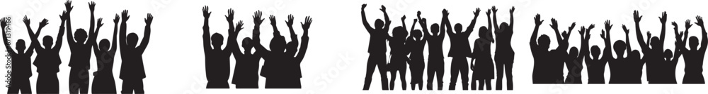 Set of Solid black silhouette of people clapping and cheering
