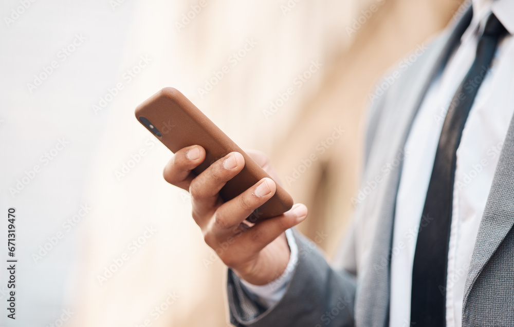 Phone, hands and business man in city online for social media, networking and website in urban town. Travel, professional and closeup of male worker with smartphone for internet on morning commute