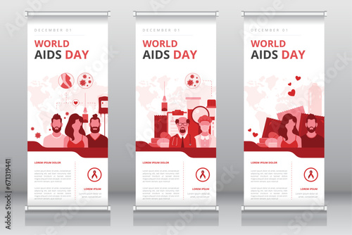World AIDS day standee or roll up banner, retractable banner, X-banner templates for raising awareness of HIV AIDS transmission, importance of early detection or diagnosis, prevention and treatments