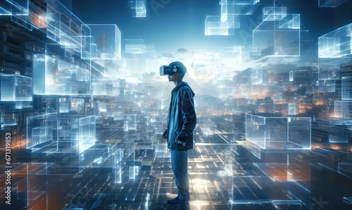 person wearing VR goggles and connecting other translucent 3d grid buildings through data signals passing between them