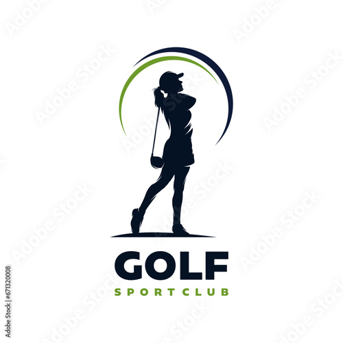 Female golf player silhouette logo design template