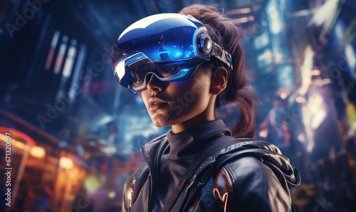 futuristic and architect with VR and woman, digital transformation   with architecture. Virtual reality goggles, future technology overlay and building with hologram and 3D