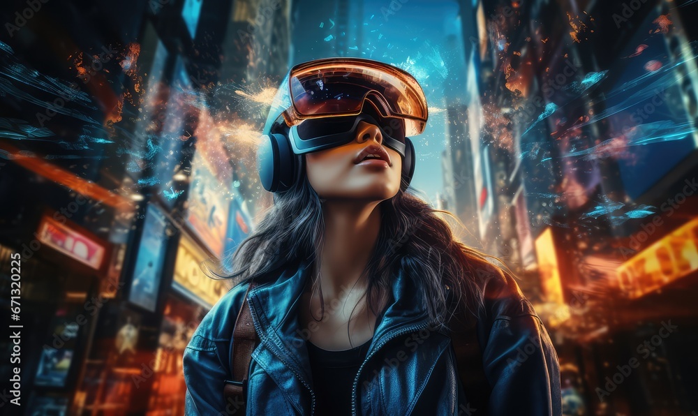 virtual reality (VR), and a cyberpunk-style video game console. Infuse the image with an emotional tone that evokes excitement wonder virtual reality (VR), and a cyberpunk-style video game console. Infuse the image with an emotional tone that evokes excitement wonder