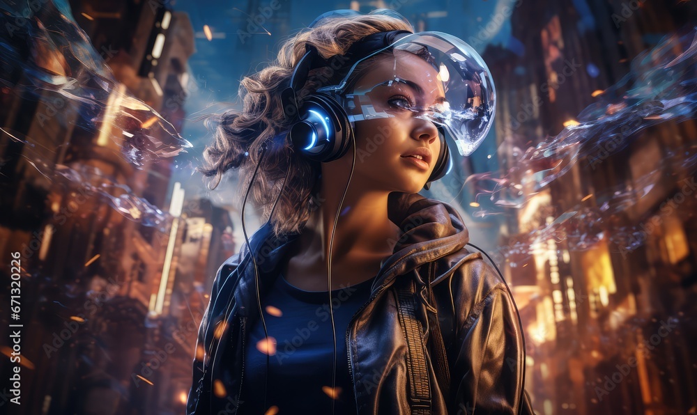 virtual reality (VR), and a cyberpunk-style video game console. Infuse the image with an emotional tone that evokes excitement wonder virtual reality (VR), and a cyberpunk-style video game console. Infuse the image with an emotional tone that evokes excitement wonder