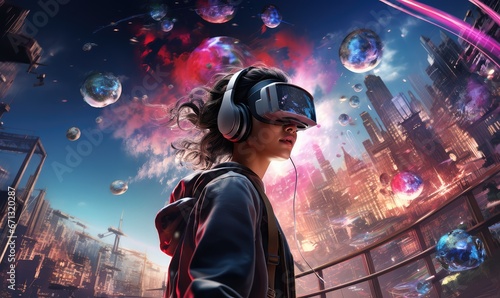 virtual reality (VR), and a cyberpunk-style video game console. Infuse the image with an emotional tone that evokes excitement wonder