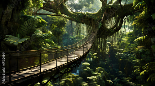 a treetop canopy walkway in a lush rainforest
