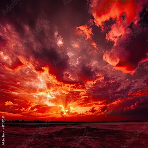 Beautiful sunset on the beach red sky with clouds © Supardi