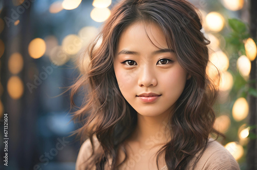 Ethereal Beauty  Captivating Asian Girl with a Radiant Smile in Mesmerizing Bokeh Background